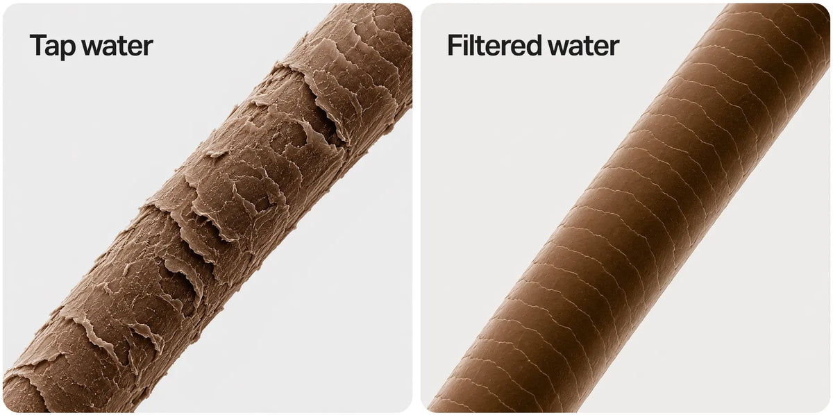 The same strand under a microscope: tap water (left) vs filtered water (right).